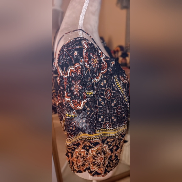 Meraki ~ Boho Black Tan Geometric Cold Shoulder Blouse with Crochet Neckline (L) - Picture 13 of 15